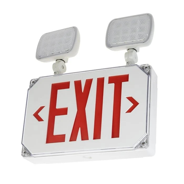 LED Outdoor White Exit Sign with Adjustable Light Heads, Red Letter