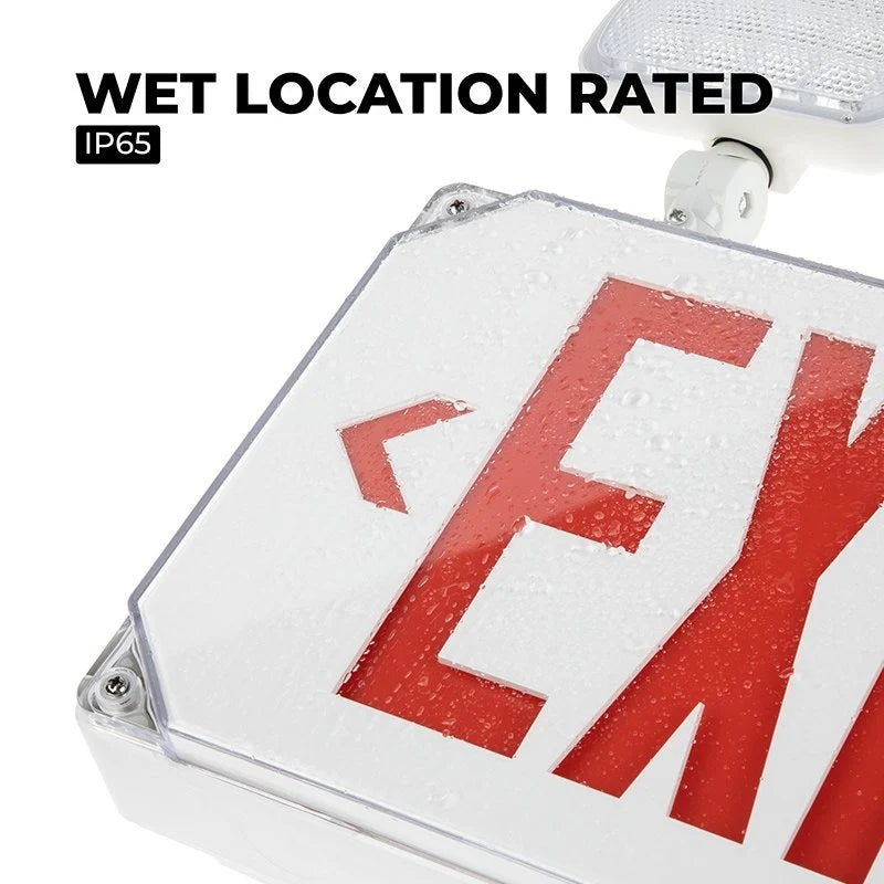 LED Outdoor White Exit Sign with Adjustable Light Heads, Red Letter