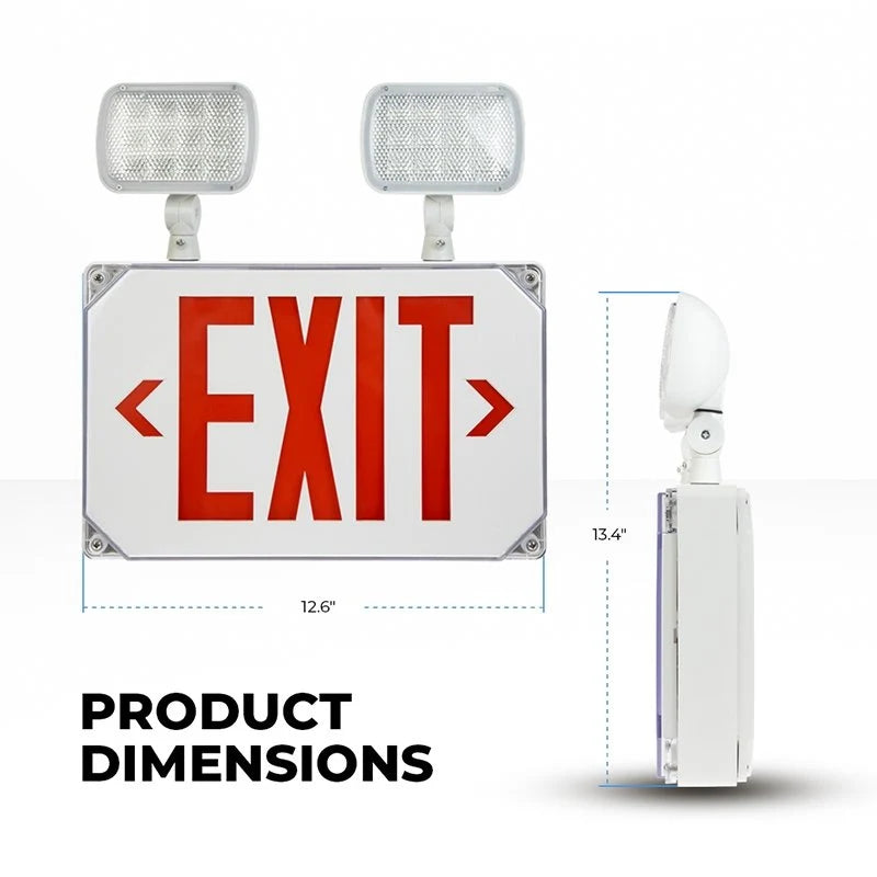 LED Outdoor White Exit Sign with Adjustable Light Heads, Red Letter