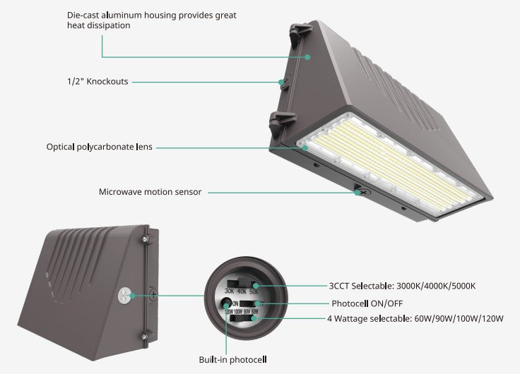 Full Cutoff LED Wall Pack Light - 60–120W Selectable - 3 Color Tunable 3000K/4000K/5000K