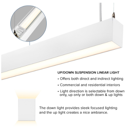 LED 4FT Suspended Linear Up Down Light - Selectable Wattage and CCT - White