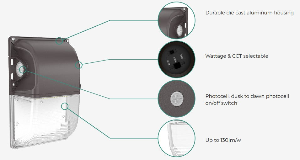 LED Mini WallPack with Photocell - Wattage Adjustable 30W/20W/15W - Color Tunable 30K/40K/50K